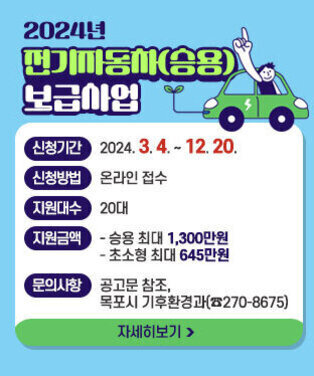 2024년 전기자동차(승용) 보급사업 ❍ 신청기간 : 2024. 3. 4. ~ 12. 20. ❍ 신청방법 : 온라인 접수 ❍ 지원대수 : 20대 ❍ 지원금액 : 승용 최대 1,300만원, 초소형 최대 645만원 ❍ 문의사항 : 공고문 참조, 목포시 기후환경과(☎270-8675), 자세히보기