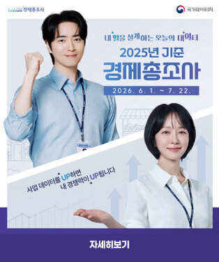2025년 기준 경제총조사 2026. 6. 1. ~ 7. 22. 조사대상 : 국내에서 산업활동을 하는 모든 사업체 조사방법 : 대면조사 또는 비대면조사 콜센터 : 080-700-2025 자세히보기