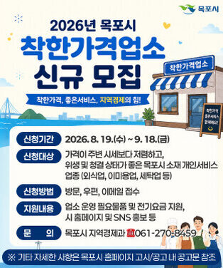 2026년 목포시 착한가격업소 신규 모집   ○ 신청기간 : 2026. 8. 19.(수) ~ 9. 18.(금)   ○ 신청대상 : 가격이 주변 시세보다 저렴하고, 위생 및 청결 상태가 좋은 목포시 소재 개인서비스 업종(외식업, 이미용업, 세탁업 등)   ○ 신청방법 : 방문, 우편, 이메일 접수   ○ 지원내용 : 업소 운영 필요물품 및 전기요금 지원,                 시 홈페이지 및 SNS 홍보 등   ○ 문    의 : 목포시 지역경제과 ☎061-270-8459 ※ 기타 자세한 사항은 목포시 홈페이지 고시/공고 내 공고문 참조