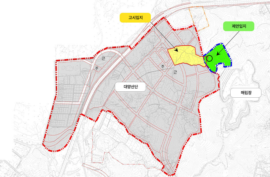입지선정 지도로 고시입지와 제안입지가 나란히 있으면 왼쪽으론 대양상단 오른쪽 아래 방향에 매립장이 위치해 있습니다.