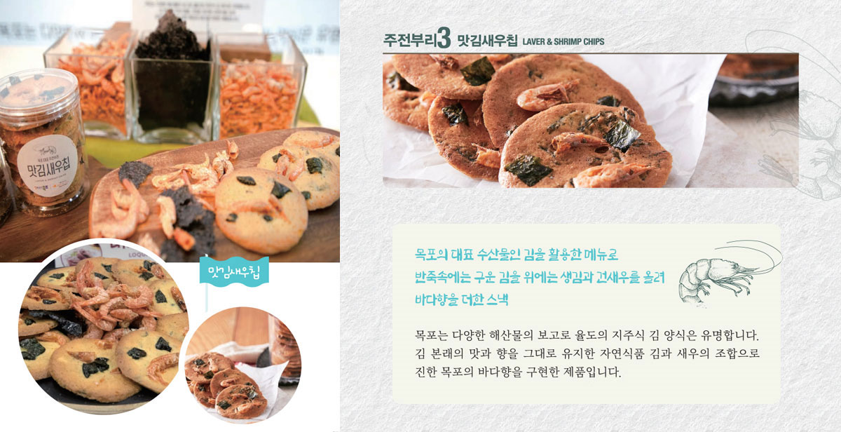 맛김새우칩 
목포의 대표 수산물인 김을 활용한 메뉴로 반죽속에는 구운 김을 위에는 생김과 건새우를 올려 바다향을 더한 스낵
목포는 다양한 해산물의 보고로 율도의 지주식 김 양식은 유명합니다. 김 본래의 맛과 향을 그대로 유지한 자연식품 김과 새우의 조합으로 진한 목포의 바다향을 구현한 제품