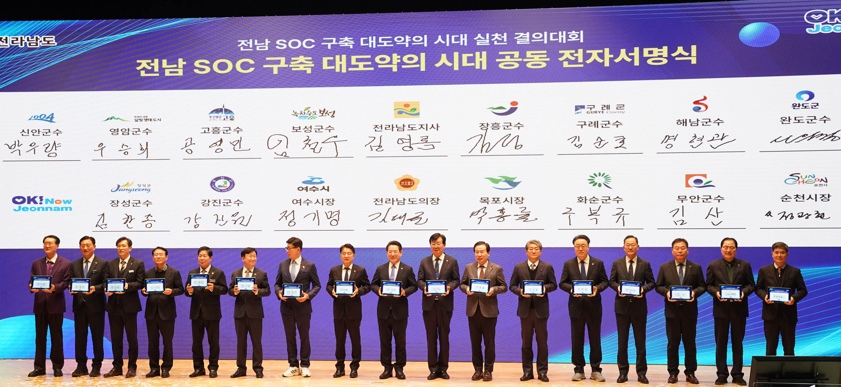 무대 위에 줄지어 선 17명의 시장, 군수들이 각자 태블릿을 들고 사진 촬영 중인 장면. 배경에는 전남 SOC 구축 대도약의 시대 실천 결의대회라는 문구가 크게 쓰여 있고, 그 아래에는 전남 SOC 구축 대도약의 시대 공동 전자서명식이라는 제목과 함께 각 지역 단체장 이름과 서명이 표시되어 있다.

서명된 단체장 명단은 다음과 같음:

신안군수 박우량

영암군수 우승희

고흥군수 공영민

보성군수 임천수

전라남도지사 김영록

장흥군수 김성

구례군수 김순호

해남군수 명현관

완도군수 신우철

장성군수 김한종

강진군수 강전원

여수시장 정기명

전라남도의장 김태균

목포시장 박홍률

화순군수 구복규

무안군수 김산

순천시장 허석

무대 상단에는 OK! Now Jeonnam 로고가 삽입되어 있음.