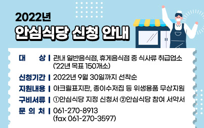  2022년 안심식당 신청 안내 -대    상 : 관내 일반음식점, 휴게음식점 중 식사류 취급업소(‘22년 목표 150개소) -신청기간 : 2022년 9월 30일까지 선착순 -지원내용 : 아크릴표지판, 종이수저집 등 위생용품 무상지원 -구비서류 : ①안심식당 지정 신청서 ②안심식당 참여 서약서 -문 의 처 : 061-270-8913 (fax 061-270-3597)