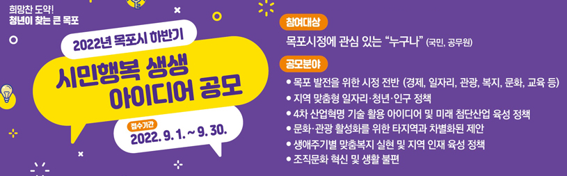 희망찬 도약! 청년이 찾는 큰 목포  2022년 목포시 하반기 시민행복 생생 아이디어 공모 접수기간 : 2022. 9. 1. ~ 9. 30 참여대상 : 목포시정에 관심있는 누구나 (국민, 공무원) 공모분야 목포 발전을 위한 시정 전반 (경제, 일자리, 관광, 복지, 문화, 교육 등) 지역 맞춤형 일자리 · 청년 · 인구정책 4차 산업혁명 기술 활요 ㅇ아이디어 및 미래 첨단 산업 육성 정책 문화 · 관광 활성화를 위한 타지역과 차별화된 제안 생애주기별 맞춤복지 실현 및 지역 인재 육성 정책 조직문화 혁신 및 생활불편