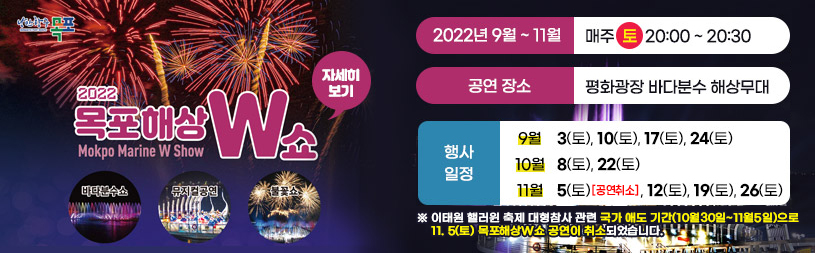 2022목포해상W쇼 MokpoMarine W Show  2022년 9월부터 ~ 11월까지 : 매주 토 저녁 20:00 ~ 20:30 공연장소 : 평화광장 바다분수 해상무대 행사일정 : 9월 - 3(토), 10(토), 17(토), 24(토) 10월 - 8(토), 22(토) 11월 - 5(토)[공연취소], 12(토), 19(토), 26(토) ※ 이태원 핼러윈 축제 대형참사 관련 국가 애도 기간(10월30일~11월5일)으로 11. 5(토) 목포해상w쇼 공연이 취소되었습니다 자세히보기